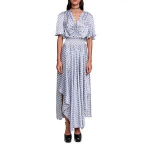 Maje Rachelona Asymmetric Hem Dress in Clover Monogram Ecru/Blue Size 6
